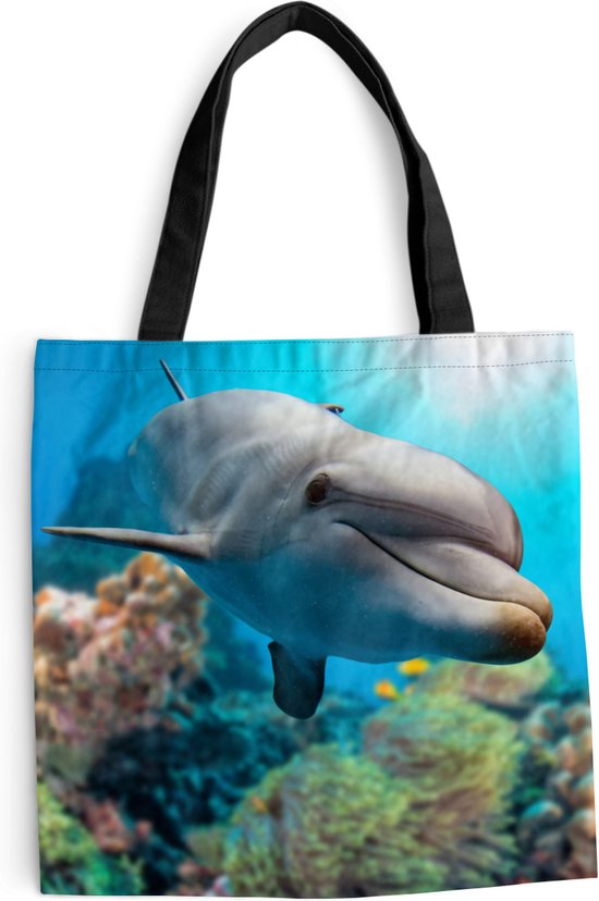 MuchoWow® Schoudertas - Strandtas - Big Shopper - Boodschappentas - Dolfijn - Zee - Koraal - 40x40 cm - Katoenen tas