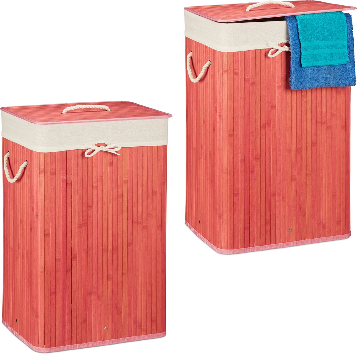 Relaxdays 2x wasmand bamboe - wasbox opvouwbaar - 80 L - 65,5 x 43,5 x 33,5 cm - roze
