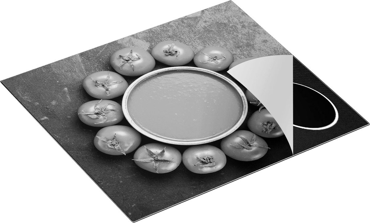 Chefcare Inductie Beschermer Tomatensoep met Tomaten eromheen - Zwart Wit - 60x52 cm - Afdekplaat Inductie - Kookplaat Beschermer - Inductie Mat