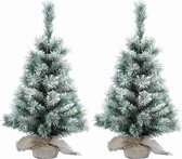 2x Pièces mini sapin de Noël avec neige 75 cm en sac de jute - Mini sapins de Noël