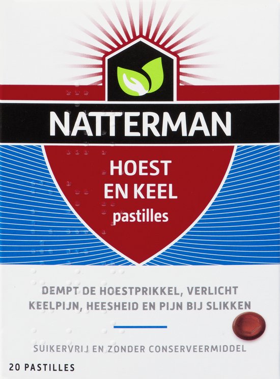 Foto: Natterman hoest en keel pastilles dempt de hoestprikkel verlicht keelpijn heesheid en pijn bij slikken suikervrij anti hoestmiddel medisch hulpmiddel vanaf 6 jaar 20 pastilles