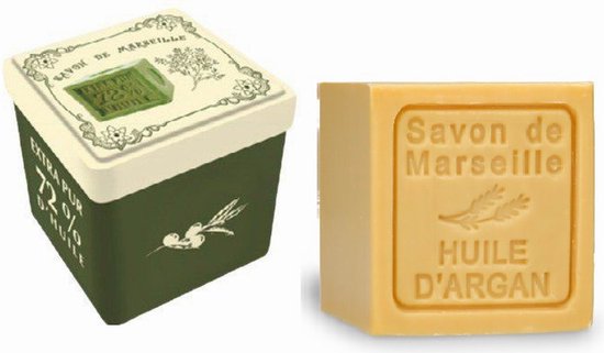 Metalen zeepblik vierkant met opdruk Savon de Marseille vert met zeepblok arganolie – Vintage voorraadblik – Franse handzeep – Marseille zeep Marseillezeep