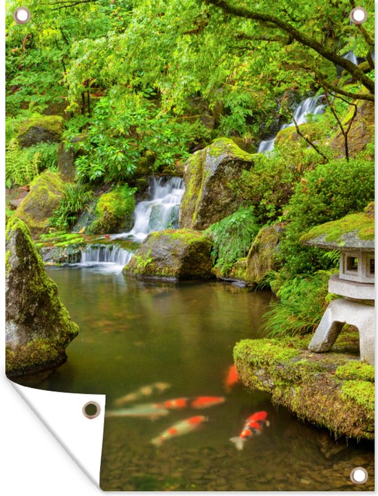 Tuinschilderij Waterval - Koi - Japanse lantaarn - Mos - Water - 60x80 cm - Tuinposter - Tuindoek - Buitenposter