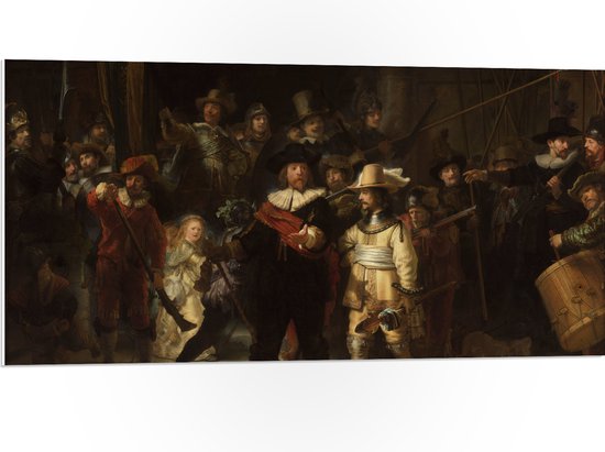 PVC Schuimplaat- De Nachtwacht, Rembrandt van Rijn, 1642 - Oude Meesters - 100x50 cm Foto op PVC Schuimplaat