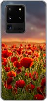Geschikt voor Samsung Galaxy S20 Ultra hoesje - Zonsondergang bij een veld vol Klaprozen - Siliconen Telefoonhoesje