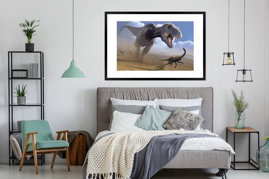 Photo encadrée - Une illustration d'un cadre photo dinosaure de chasse noir avec passe-partout blanc xxl 120x80 cm - Affiche encadrée (Décoration murale salon / chambre)