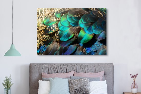 Peinture sur Toile Ressorts - Plumes de Paon - Paon - Blauw - Art - 180x120 cm - Décoration murale XXL
