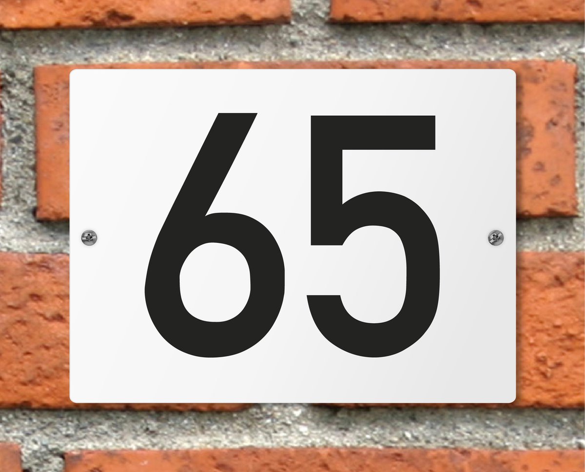 Huisnummerbord wit - Nummer 65 - standaard - 16 x 12 cm - schroeven - naambord - nummerbord - voordeur