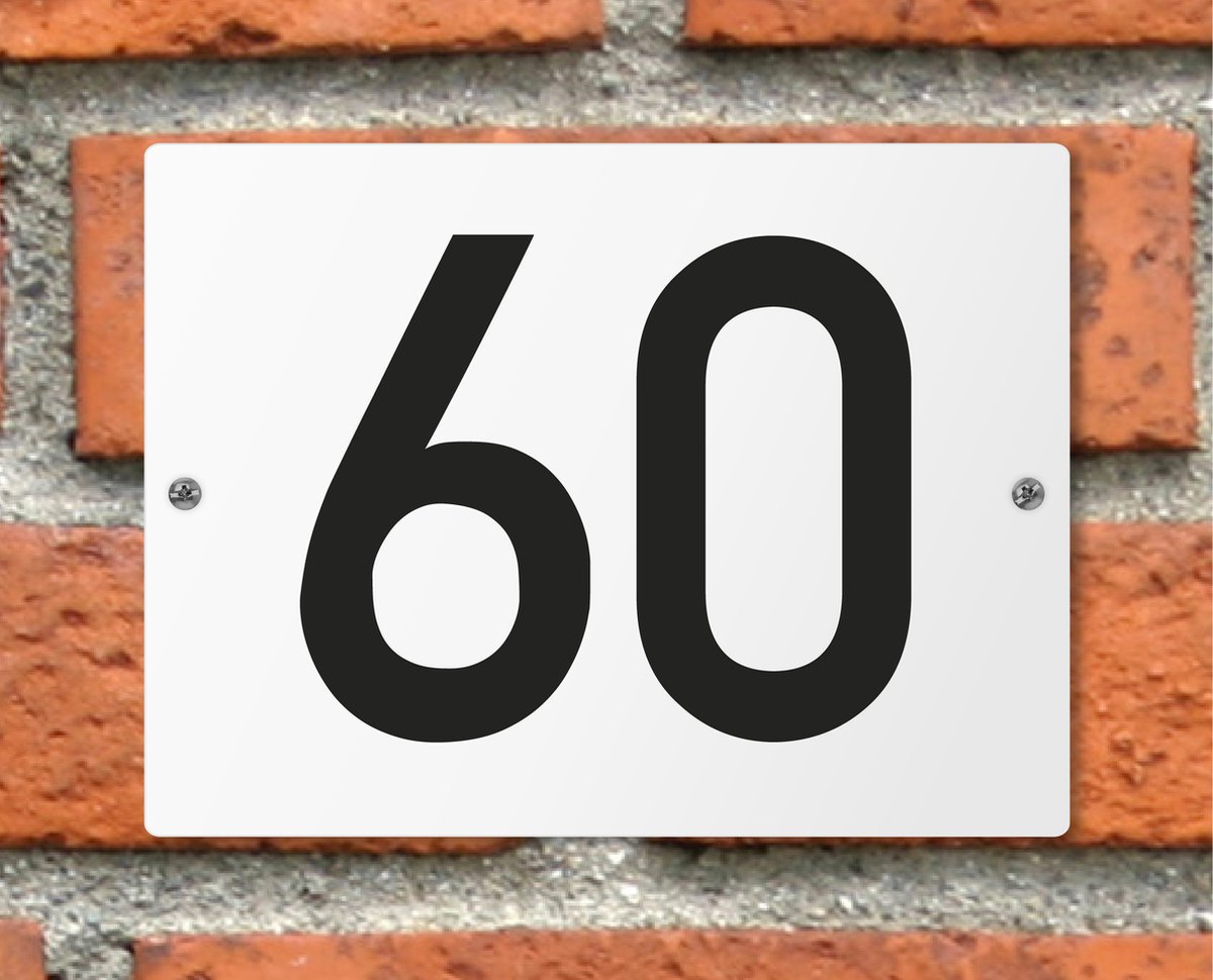 Huisnummerbord wit - Nummer 60 - standaard - 16 x 12 cm - schroeven - naambord - nummerbord - voordeur