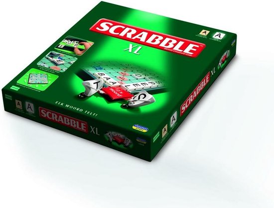Scrabble XL speldoos met rode en groene opdruk. Inclusief 'Elk woord telt!' tekst.