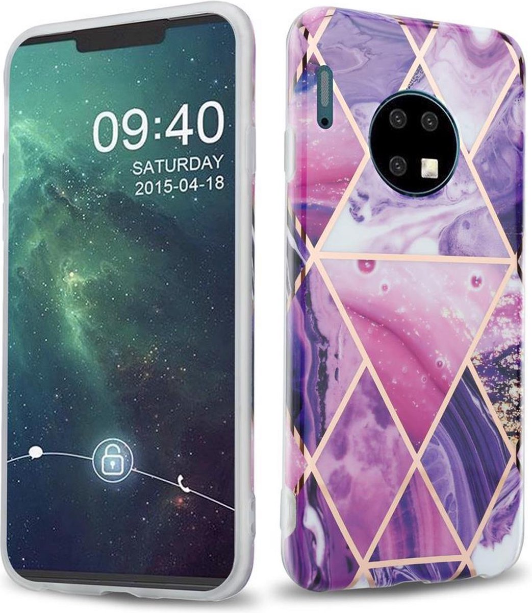 Cadorabo Hoesje geschikt voor Huawei MATE 30 in Paars Golf Marmer No. 14 - Beschermhoes gemaakt van TPU siliconen Case Cover met mozaïek motief