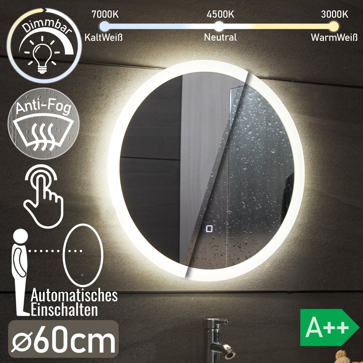 Aquamarin - LED Ronde Spiegel - Touchscreen - Dimbaar - Anti Condens Functie - 60 CM