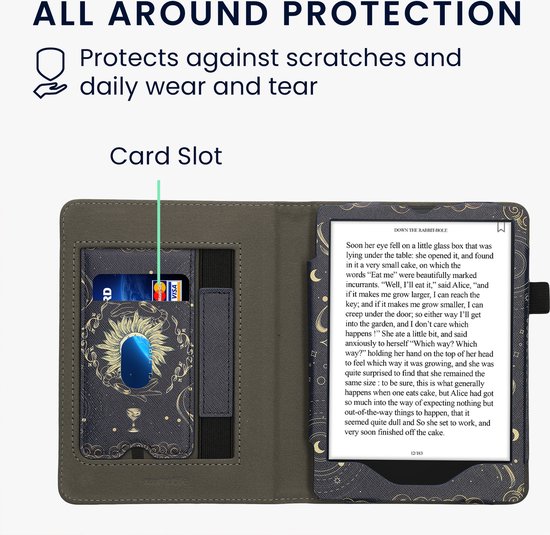 kwmobile e-reader hoesje geschikt voor Amazon Kindle Paperwhite 11. Generation 2021 hoes - E reader flip case van kunstleer - Ereader cover met stand - Tarotkaart design in donkerblauw / geel / zwart — afbeelding 5