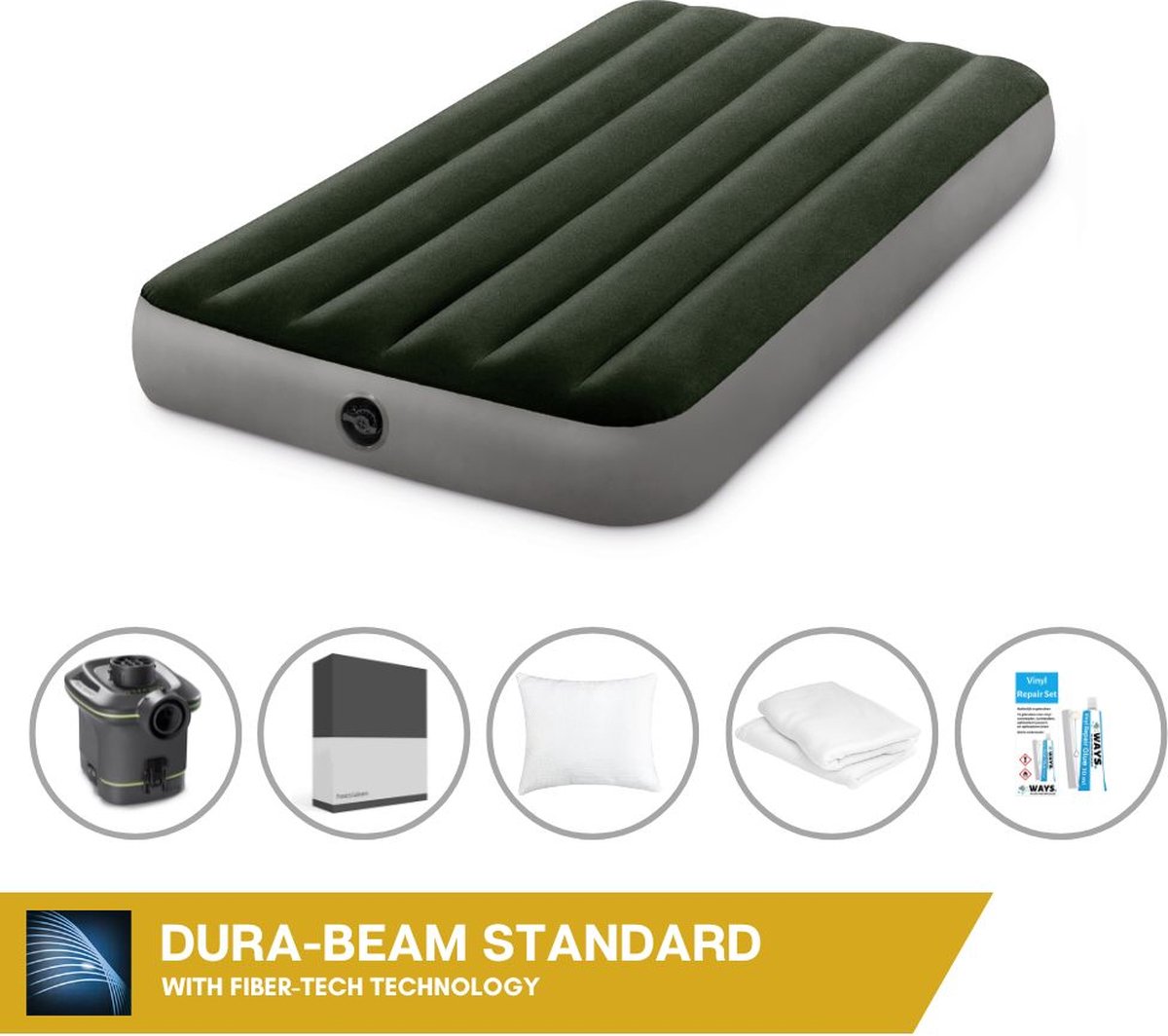 Intex Luchtbed - 1-Persoons - 99 x 191 x 25 cm - Groen - Met pomp + Hoeslaken Zwart + Kussen + Molton 2 in 1 Kussenslopen + Reparatieset