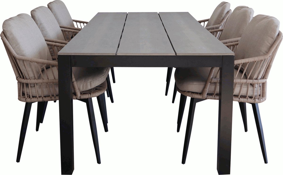 7-delige tuinset | 6 Isabel stoelen (Sand) | 225cm Cyprus tuintafel (Grey)