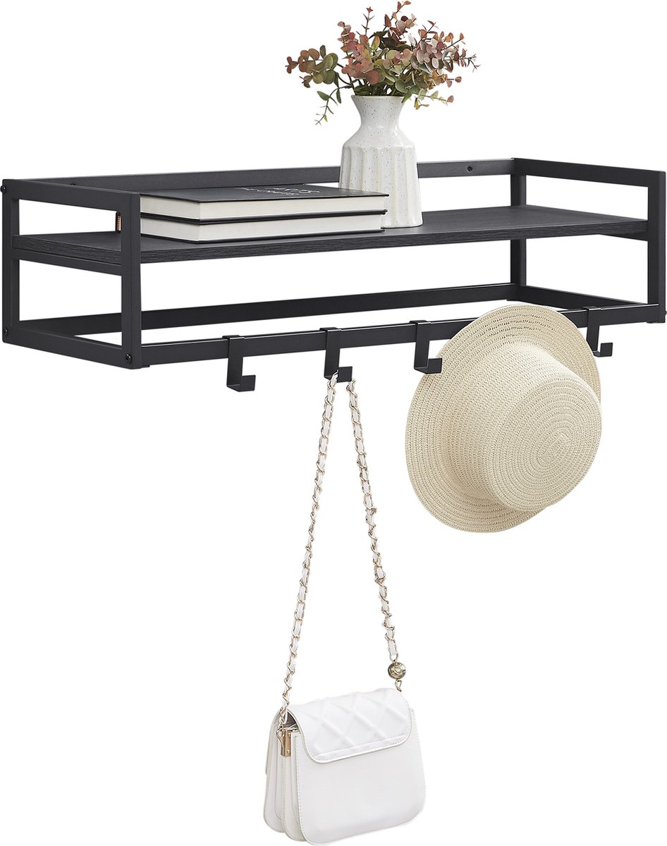 MAZAZU MIRA Home Wandkapstok met Legplank en Hangstang - Kapstok Zwart met 6 Haken - 80x30x20 cm