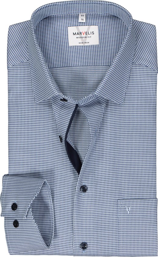 MARVELIS modern fit overhemd - popeline - blauw met wit mini dessin - Strijkvriendelijk - Boordmaat: 48