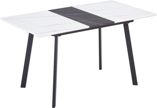 Sweiko Uittrekbare eettafel.Modern mat wit tafelblad met massief houten inzetstukken.Stalen frame met vierkante buisvormige poten.Dubbel gebruik voor thuis en kantoor, 110/140x75x77cm