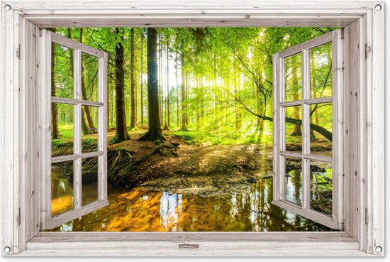 Tuinposter 120x80 cm - Tuindecoratie Bos - Doorkijk - Natuur - Zonlicht - Wit raam - Poster voor in de tuin - Buiten decoratie - Schutting tuinschilderij - Tuindoek muurdecoratie - Wanddecoratie balkondoek