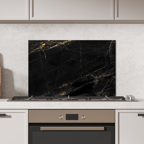 Spatscherm keuken 60x40 cm - Kookplaat achterwand Marmer look - Luxe - Zwart - Goud - Muurbeschermer - Spatwand fornuis - Hoogwaardig aluminium