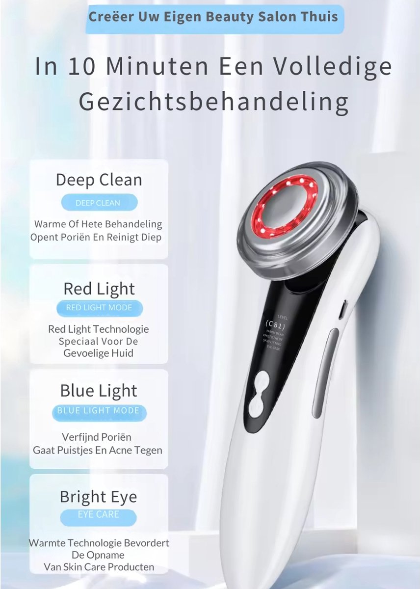 Multifunctioneel Huidverjongingsapparaat- USB-Oplaadbaar- Verminderen van Acne, Lijnen, Rimpels - All in 1 Home Spa Beauty Salon WIT