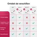 Vergelijkingstabel van rookmelders: XS01, XS01-W, XS01-WT, XS01-M. Kenmerken: 10 jaar batterij, koppelbaar, bediening via app, gecertificeerd.