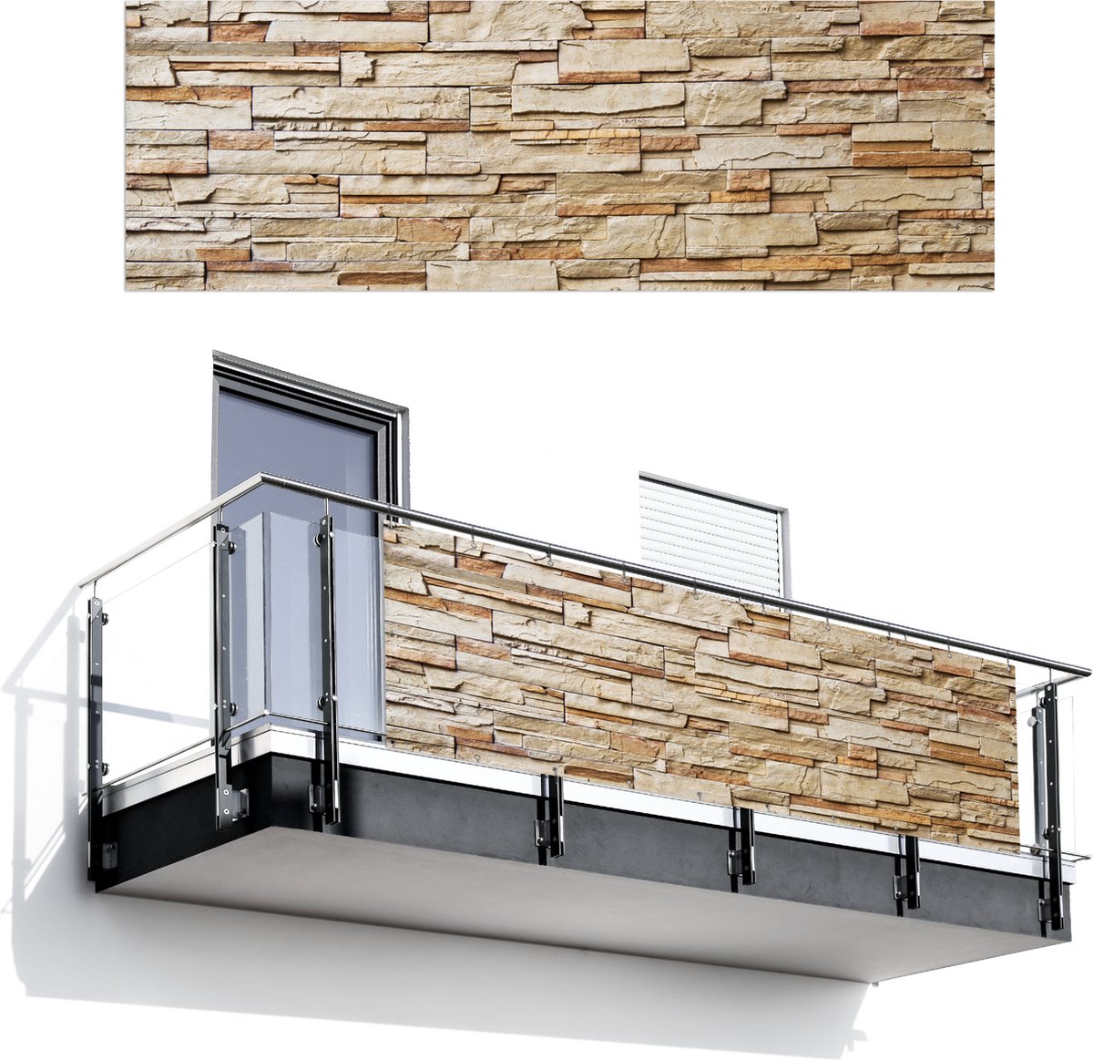 Balkonscherm 300x100 cm - Balkonposter Stenen - Beige - Bruin - Licht - Balkon scherm decoratie - Balkonschermen - Balkondoek zonnescherm