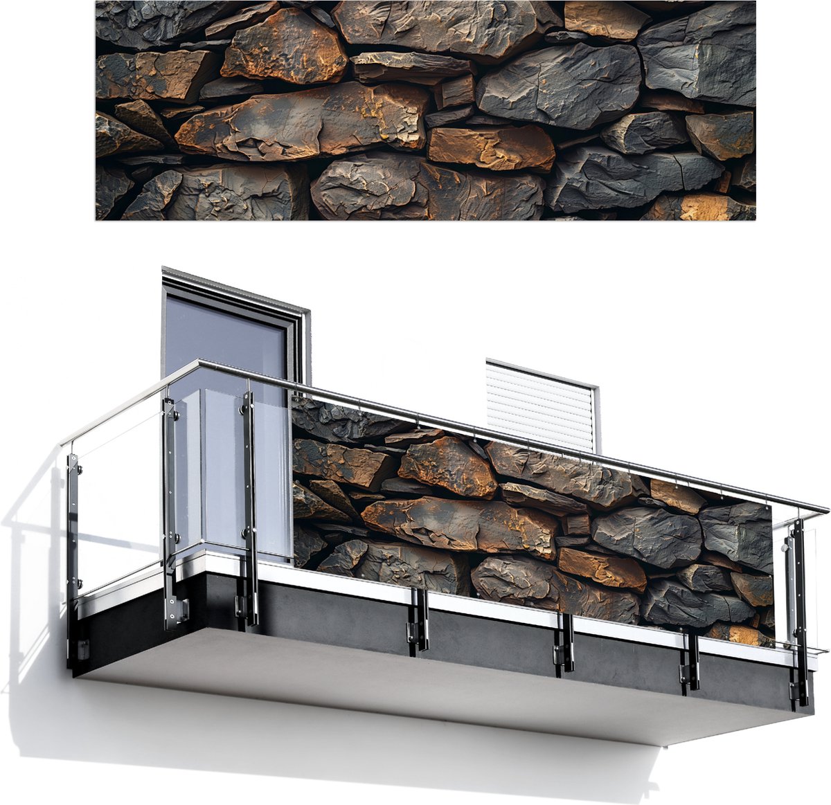 Balkonscherm 300x100 cm - Balkonposter Steenoptiek - Grijs - Bruin - Antraciet - Balkon scherm decoratie - Balkonschermen - Balkondoek zonnescherm