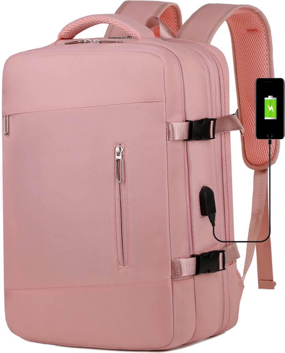 Geweo Reistas - Rugzak Uitbreidbaar tot 35L - met rits laptopvak- - 45*36*24 handbaggage - backpack - Reisrugzak - Weekendtas - Waterafstotend - Roze