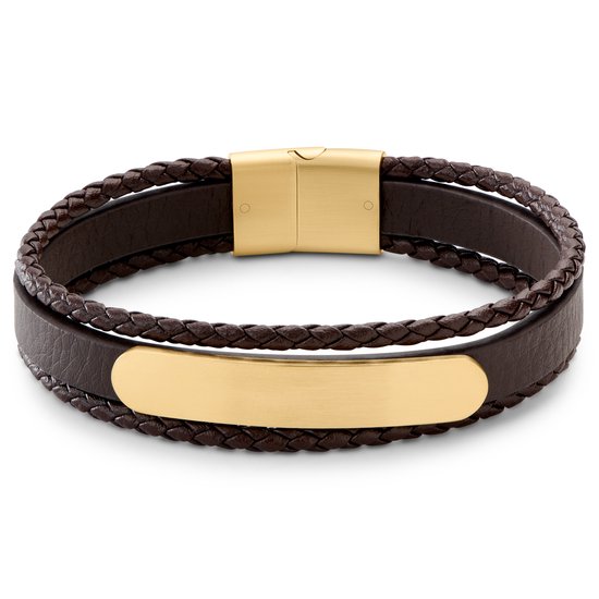 Nomen | Drievoudige Goudkleurige en Bruine Leren Geweven Bolo ID-armband