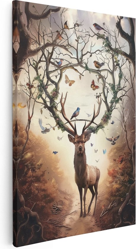 Artaza Canvas Schilderij Herten in een Bos met Vogels - 20x30 - Klein - Foto Op Canvas - Canvas Print