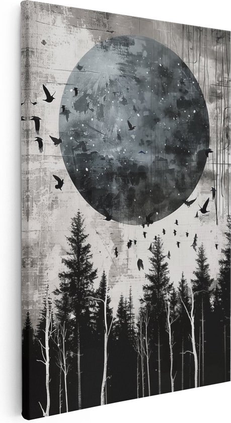 Artaza Canvas Schilderij Kraaien die over een Maan in het Bos Vliegen - 20x30 - Klein - Foto Op Canvas - Canvas Print