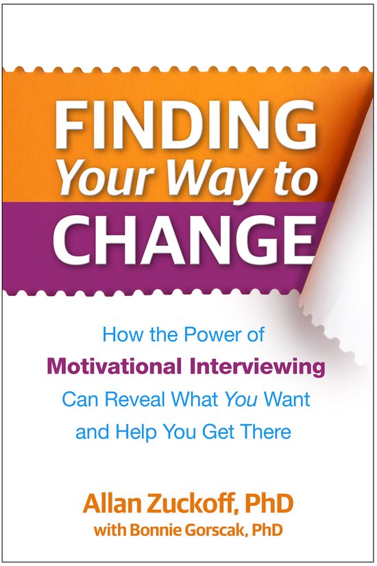 Boek 'Finding Your Way to CHANGE' met oranje en paarse accenten. De ondertitel luidt: 'How the Power of Motivational Interviewing Can Reveal What You Want and Help You Get There'.