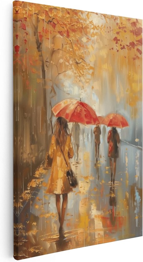 Artaza Canvas Schilderij Mensen die met Paraplu's in de Regen Lopen - 80x120 - Groot - Foto Op Canvas - Canvas Print