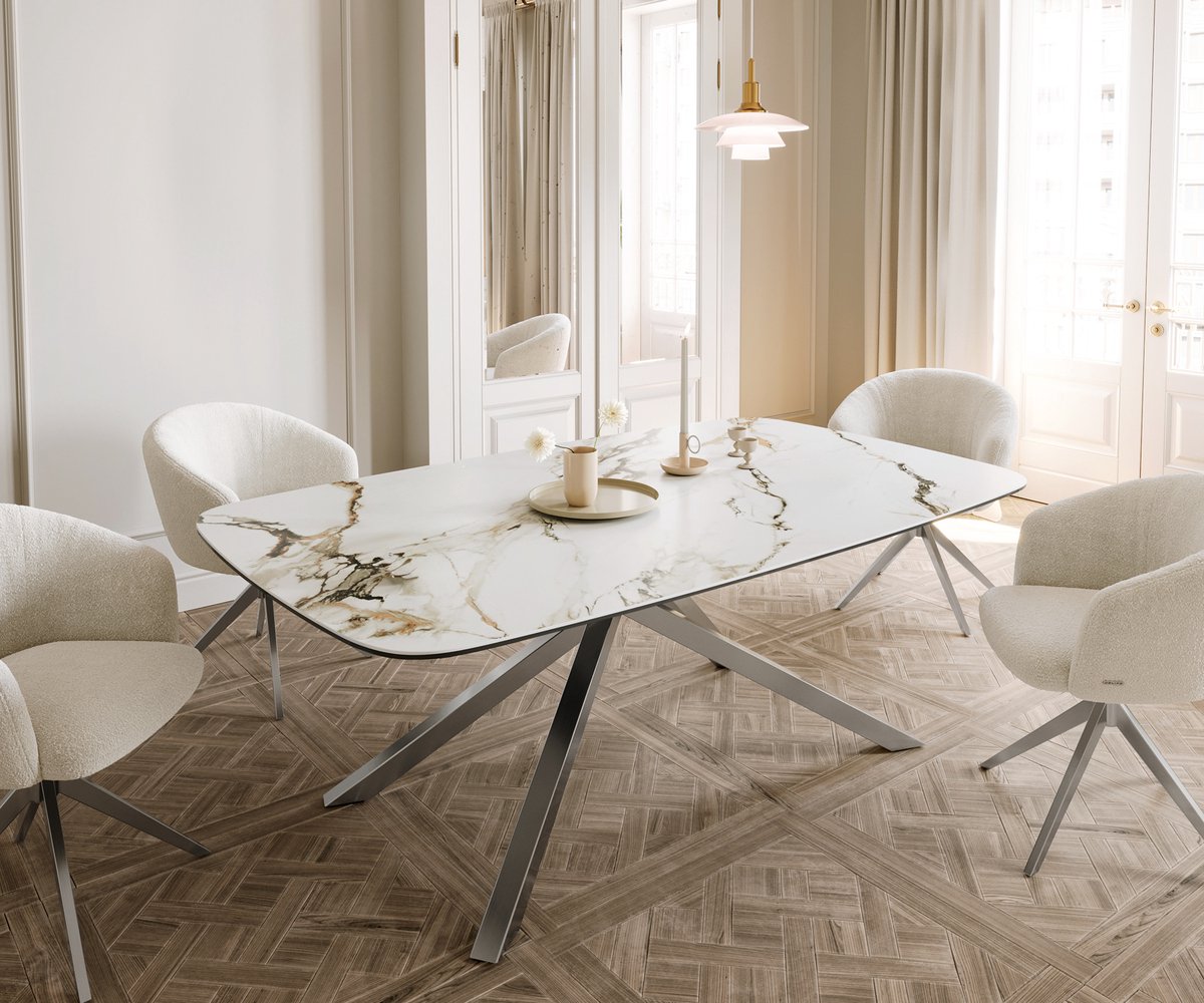 DELIFE Eetkamertafel Edge wit-goud-grijs Boot keramiek Calacatta Luxe 200x100 kruisframe rechthoek RVS Weiß-Gold-Grau