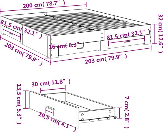 vidaXL - Bedframe - met - lades - bewerkt - hout - gerookt - eikenkleurig - 200x200 - cm