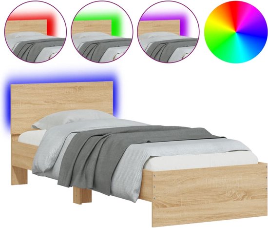 vidaXL - Bedframe - met - hoofdbord - en - LED - sonoma - eikenkleurig - 75x190 - cm