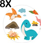 BWK Stevige Ronde Placemat - Vrolijke Dino's - Voor Kinderen - Getekend - Set van 8 Placemats - 40x40 cm - 1 mm dik Polystyreen - Afneembaar