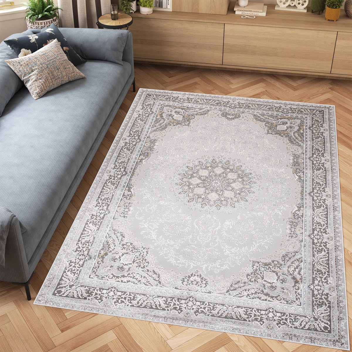 Tapiso Hera Vloerkleed Grijs Woonkamer Licht Vintage Frame Tapijt Maat- 140x200 Lichtgrijs