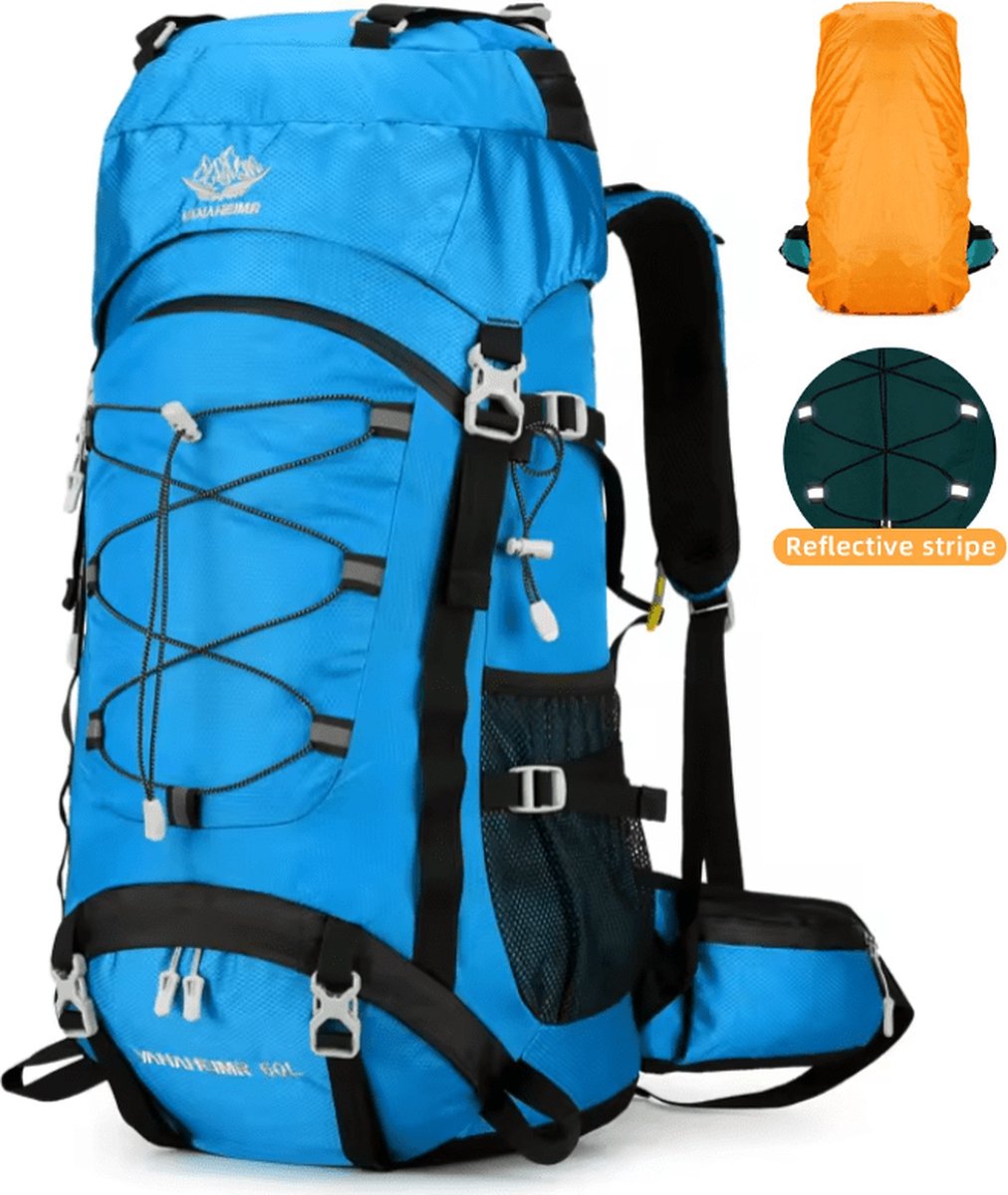 Avoir Avoir®-Backpack-Rugzak-kwaliteit-nylon-grote-capaciteit-hiking-camping-wandelrugzak-Blauw-regenhoes-ingebouwde drink-Hydratatie rugzak-Schoen opbergzak-Ritssluiting-60L-lichtgewicht-72cmx25cmx34cm