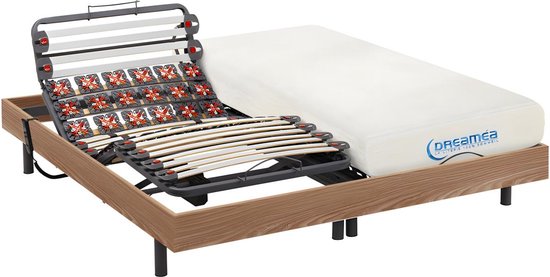 DREAMEA Elektrisch bed – bedbodem en matras – latten en contactplaatjes vormgeheugen DIONYSOS van DREAMEA - OKIN motoren - eikenhout - 2 x 90 x 200 cm L 200 cm x H 35 cm x D 180 cm