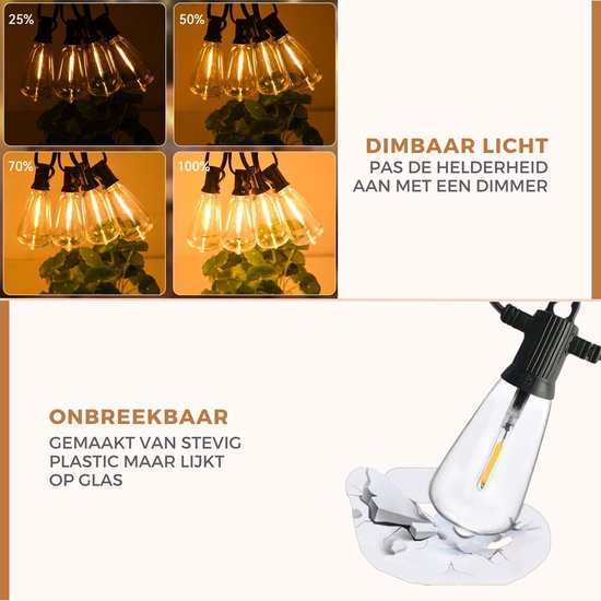Demonstratie van dimbaar licht op een lichtsnoer met grote amberkleurige LED-lampen. Een lamp van stevig plastic, die op glas lijkt, wordt getest op breuk.