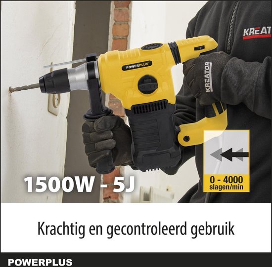 Close-up van gele klopboormachine die in een muur boort. Tekst: '1500W - 5J, 0-4000 slagen/min'.