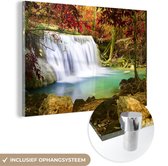 MuchoWow® Glasschilderij 150x100 cm - Schilderij acrylglas - Herfst - Waterval - Natuur - Foto op glas - Schilderijen