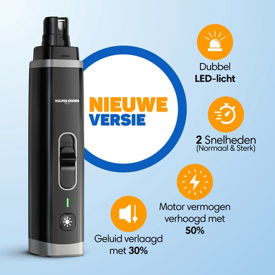 Zwarte hondennageltrmmer, 'Nieuwe Versie', met indicaties voor dubbel LED-licht, 2 snelheden en 50% meer motorvermogen.