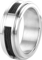Lucardi Heren Ring met zwarte kabel - Ring - Cadeau - Staal - Zilverkleurig