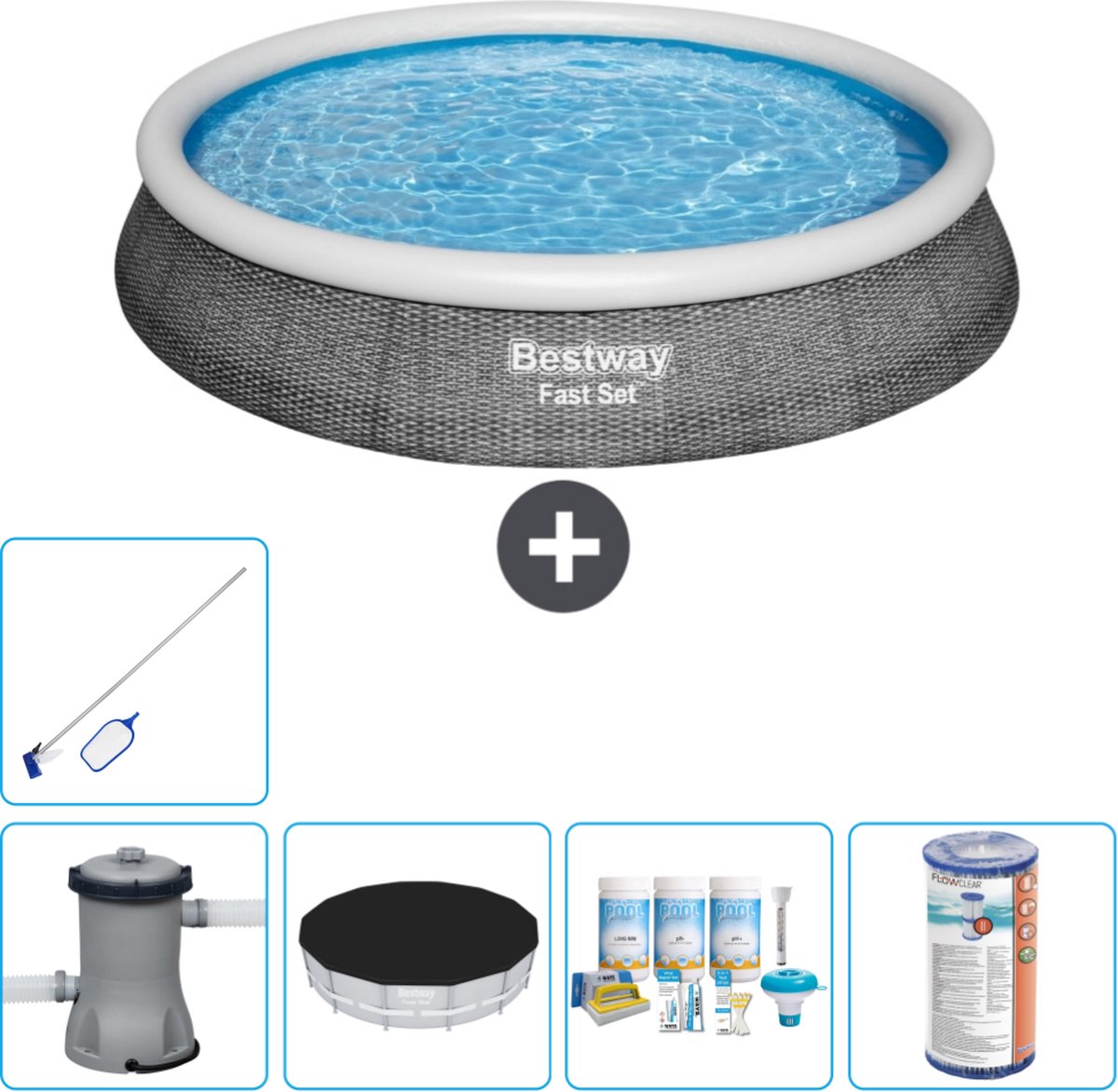 Bestway Rond Opblaasbaar Fast Set Zwembad - Rotanprint - 396 x 84 cm - Inclusief Pomp Afdekzeil - Onderhoudspakket - Filter - Schoonmaakset
