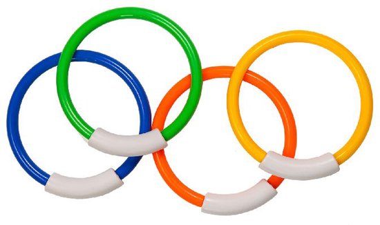 Vier gekleurde duikringen: blauw, groen, oranje en geel, met witte handgrepen, in een Olympische ringen-opstelling.