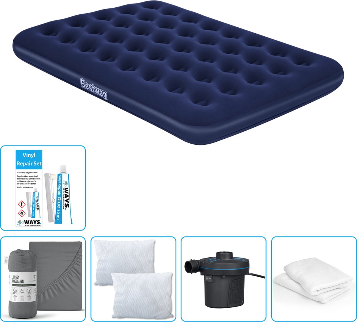 Bestway luchtbed - Twijfelaar - 137 x 191 x 22 cm - Blauw - Inclusief Hoeslaken - Kussen - Kussenbeschermer - Pomp en Reparatieset