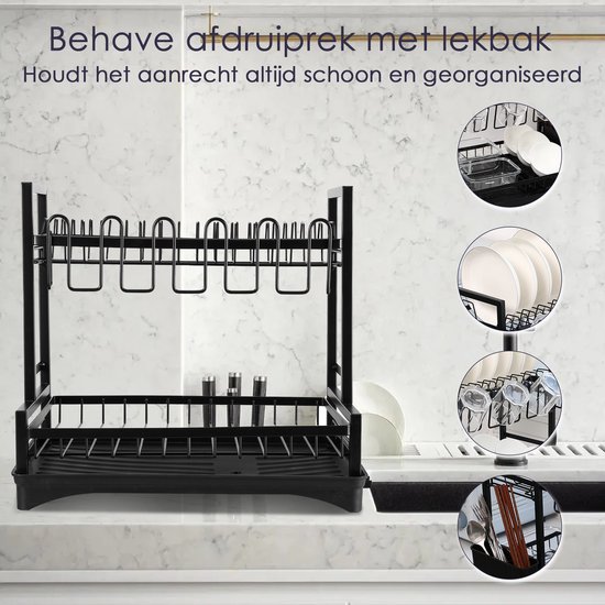 Behave Afdruiprek met Lekbak - Inclusief Afvoer - Afwasrek - Met Bestekhouder - 2 Laags - Ruimtebesparend - Metaal - Zwart - Afwasborstel